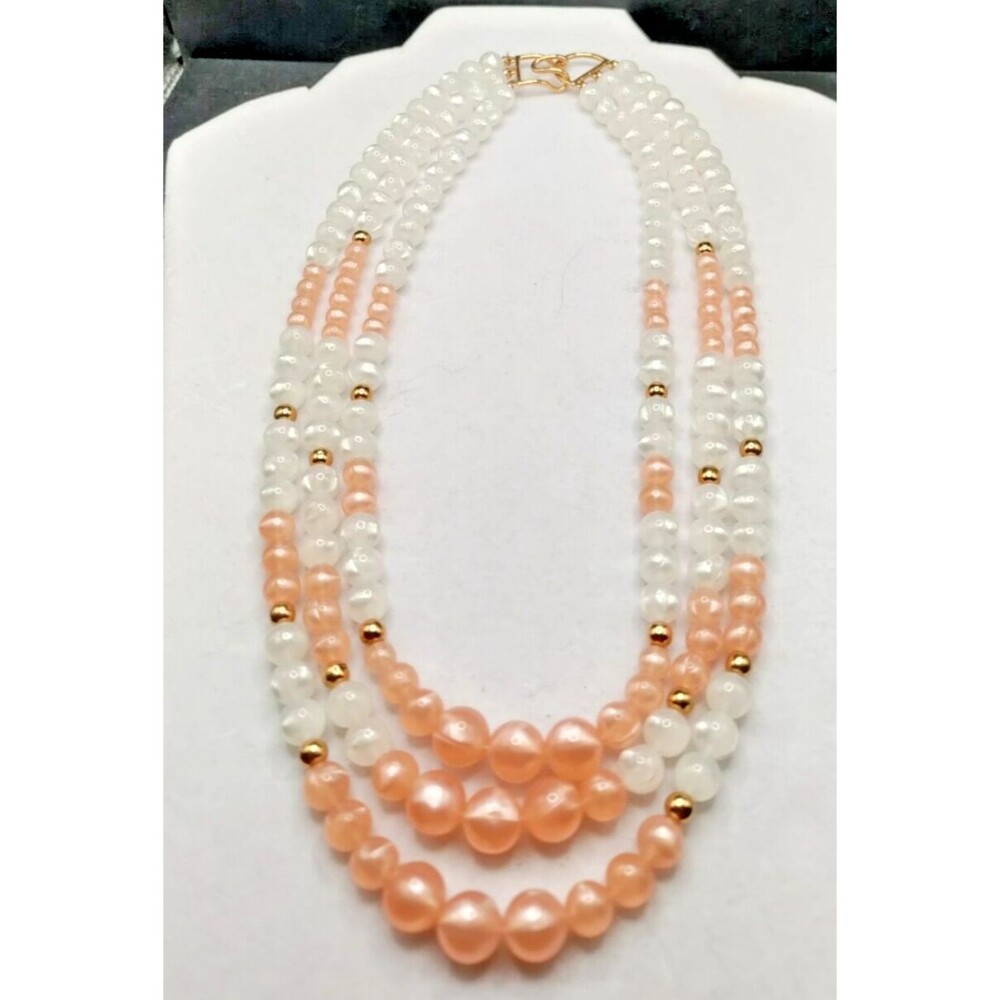 Monet Pink White Pearlescent Plastic Beads W/ Gold Tone Beads Vintage 3 Strand
